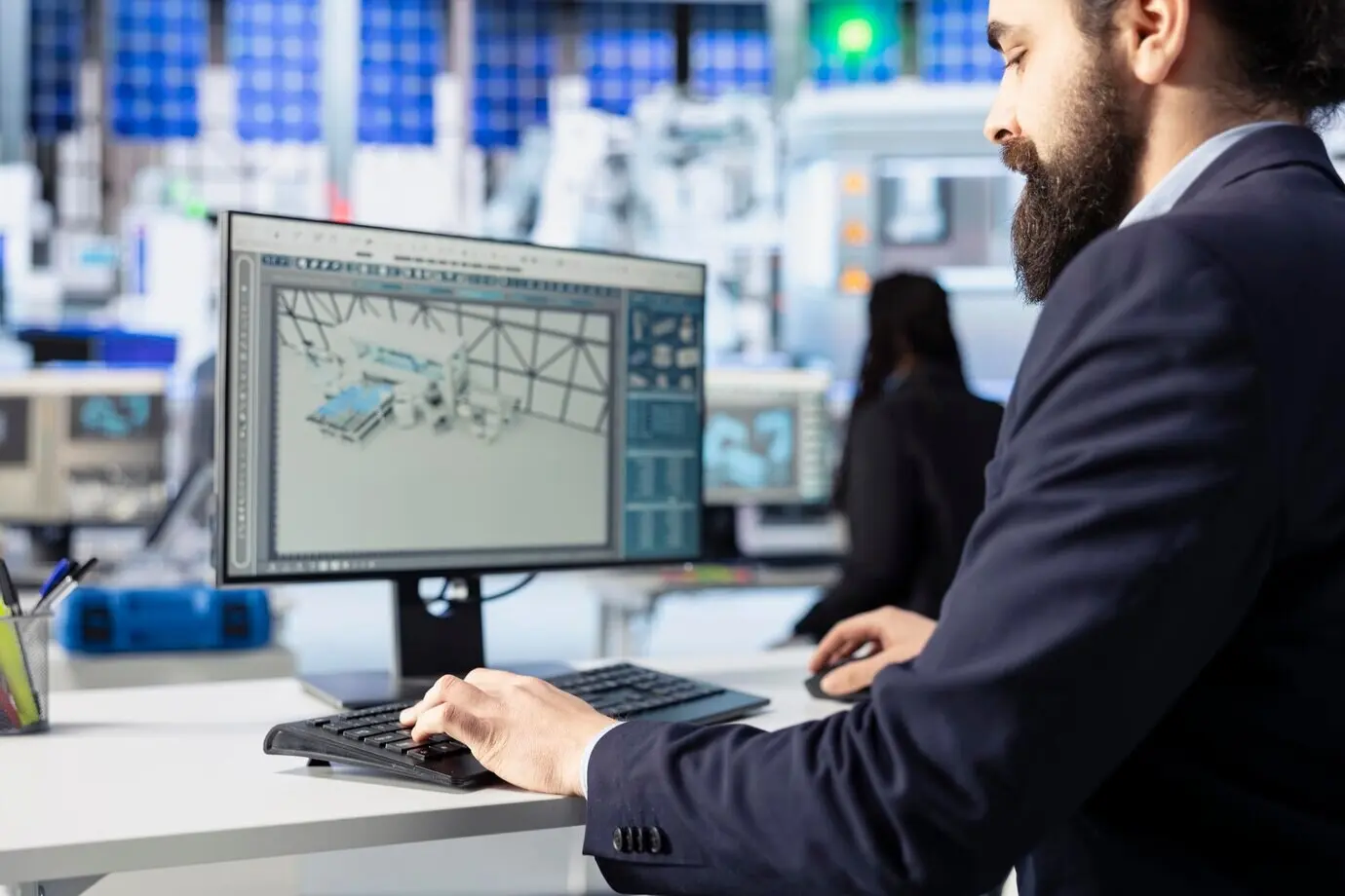 Close-up of a solar panel plant expert detecting potential system failures